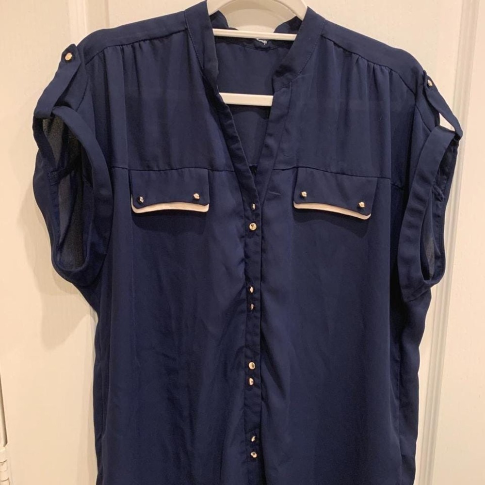 Vintage Charlotte Russe Navy Blue Sheer Gold Buttons Sz XL